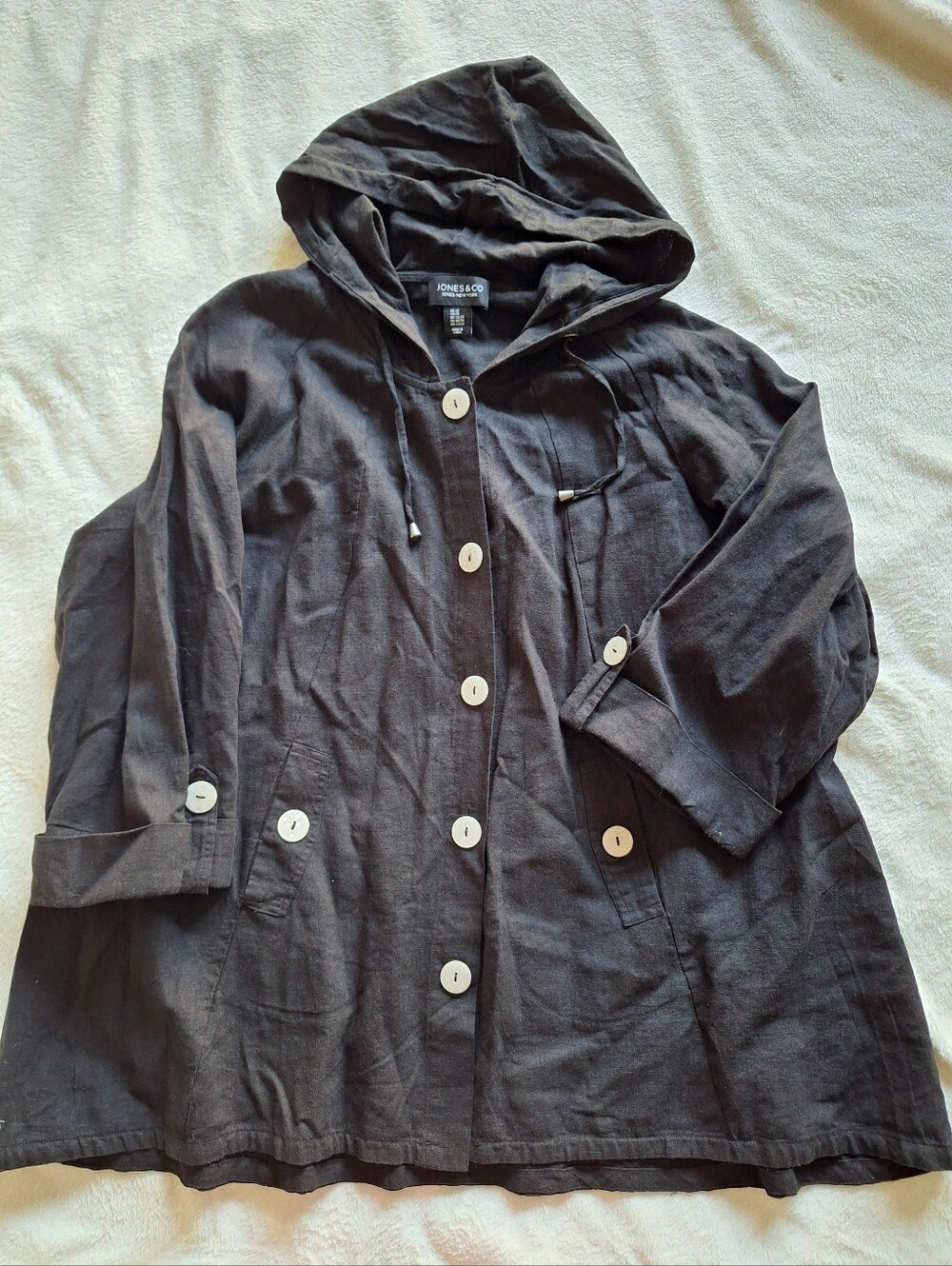Jones & Co New York Black Hooded Linen Blend Swing Jacket Size 2X Button Back
